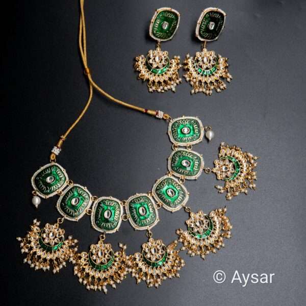 Choker set with printed meenakari padmavathi style emerald green with earrings