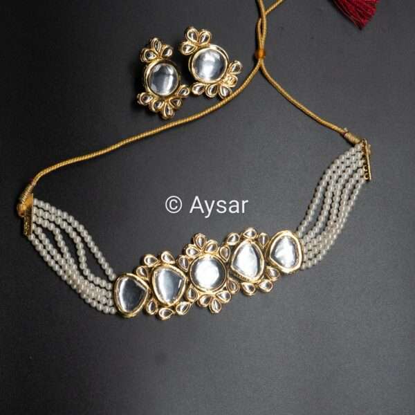 Kundan choker set with pearls white gold pleated with earrings