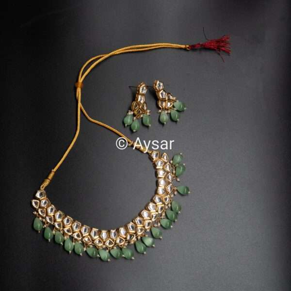 Kundan sets double layer choker with earrings pastel green - Image 2