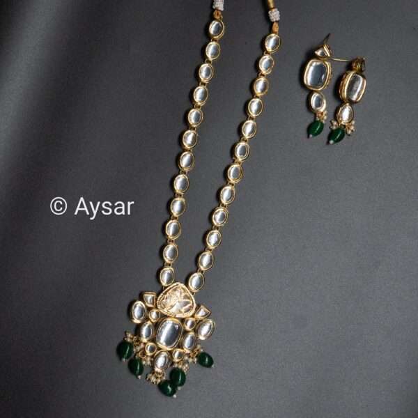 Kundan long neckset with drop earrings green with back meena