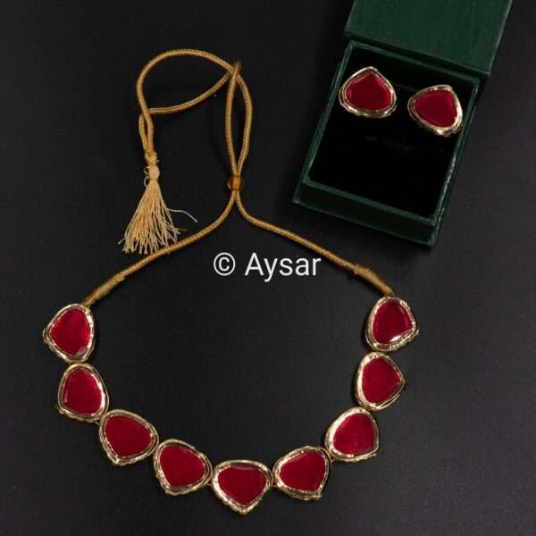 Kundan choker set single layer with studs earrings red colour for valentine