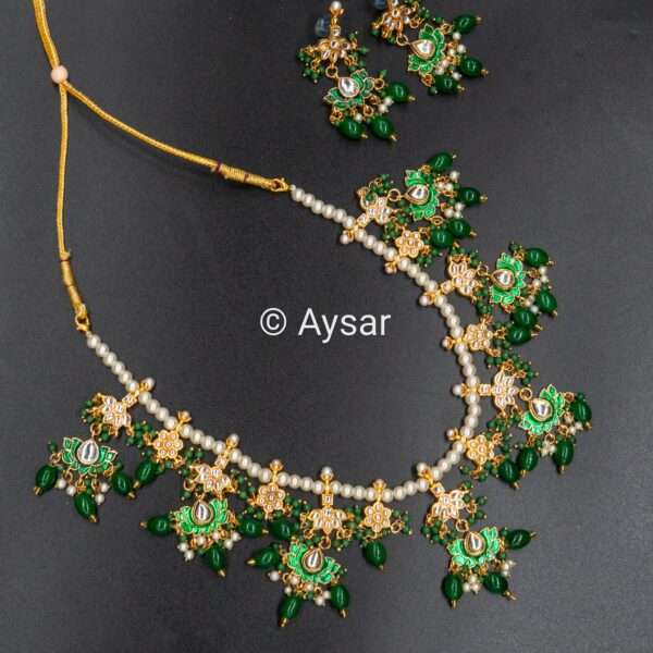 Long haar with pearls and beads green colour bridal set with earrings - Image 3