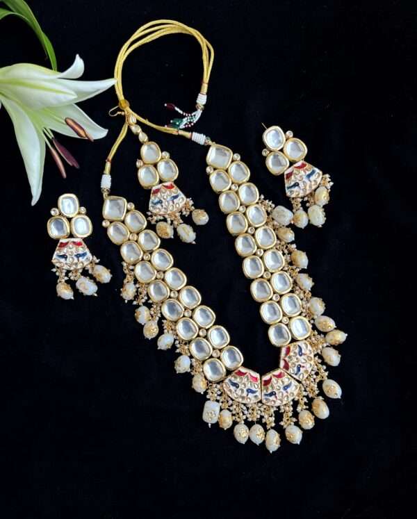 Bridal Rani haar long meenkari necklace with earrings and teeka - Image 2