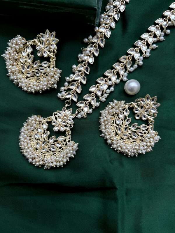 Beaded pachi kundan long haar white royal set with chandbali earrings - Image 3