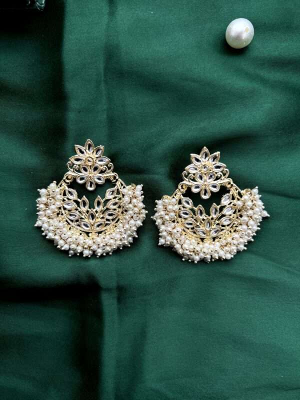 Beaded pachi kundan long haar white royal set with chandbali earrings - Image 2