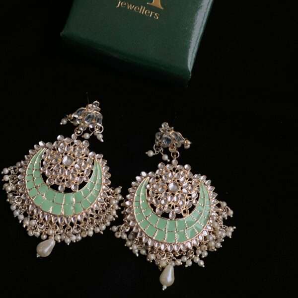 Meenakari pachi kundan Chand bali earrings Pastel green