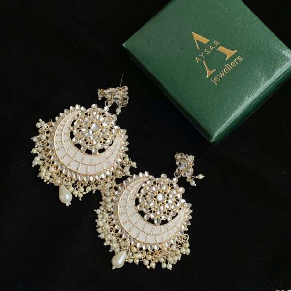 Meenakari pachi kundan Chand bali earrings white