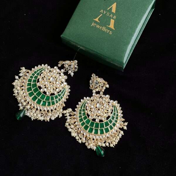 Meenakari pachi kundan Chand bali earrings dark green