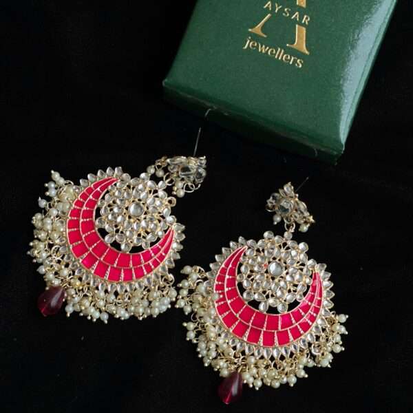 Meenakari pachi kundan Chand bali earrings Dark red