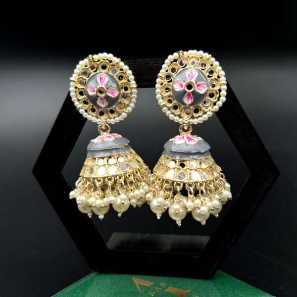 jumbo jhumka with pearls beads mirror stone - Image 2