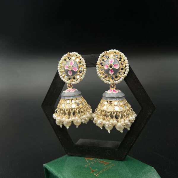 jumbo jhumka with pearls beads mirror stone - Image 3